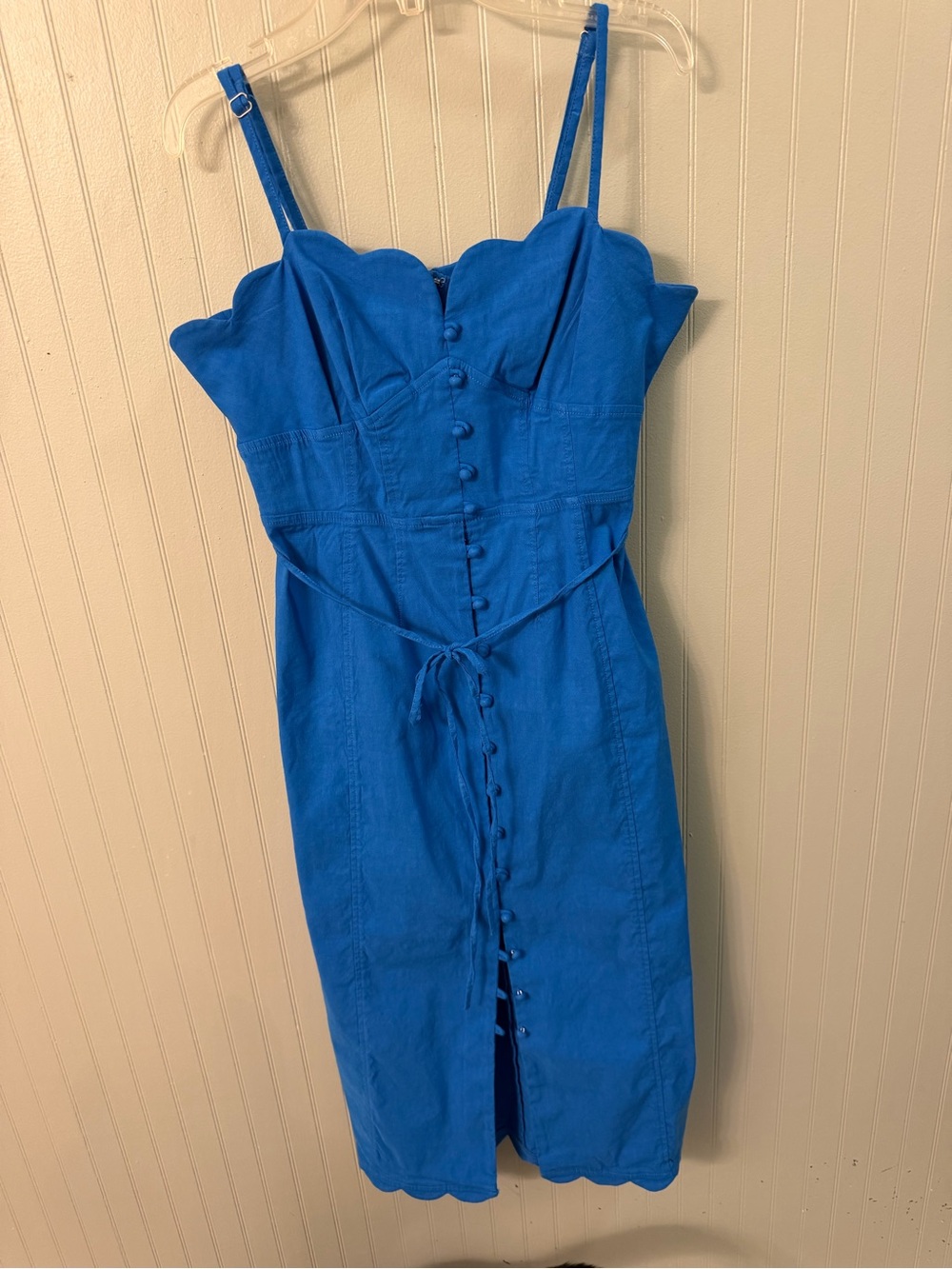 Anthropologie Cobalt Blue Button-Front Midi Dress with Tie